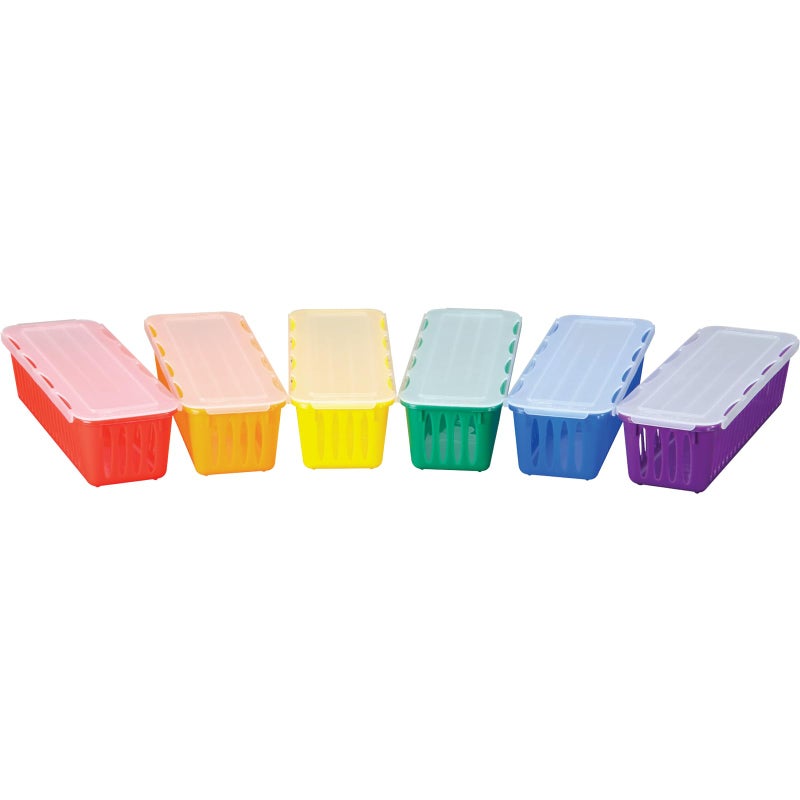Really Good Stuff Storage Baskets, Set of 6 - Rainbow Colors with Sliding Lids - Plastic Mesh Bins for Pencils, Markers, Art Supplies - 3.25x10x2.5 inches - Image 2